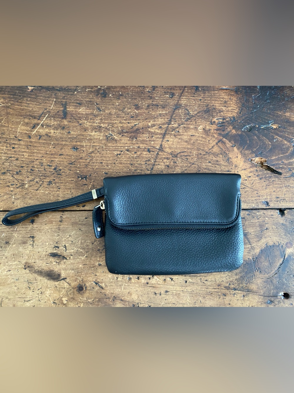 Talbots Black Pebbled Leather Wristlet Clutch Zip Pouch Minimalist Classic